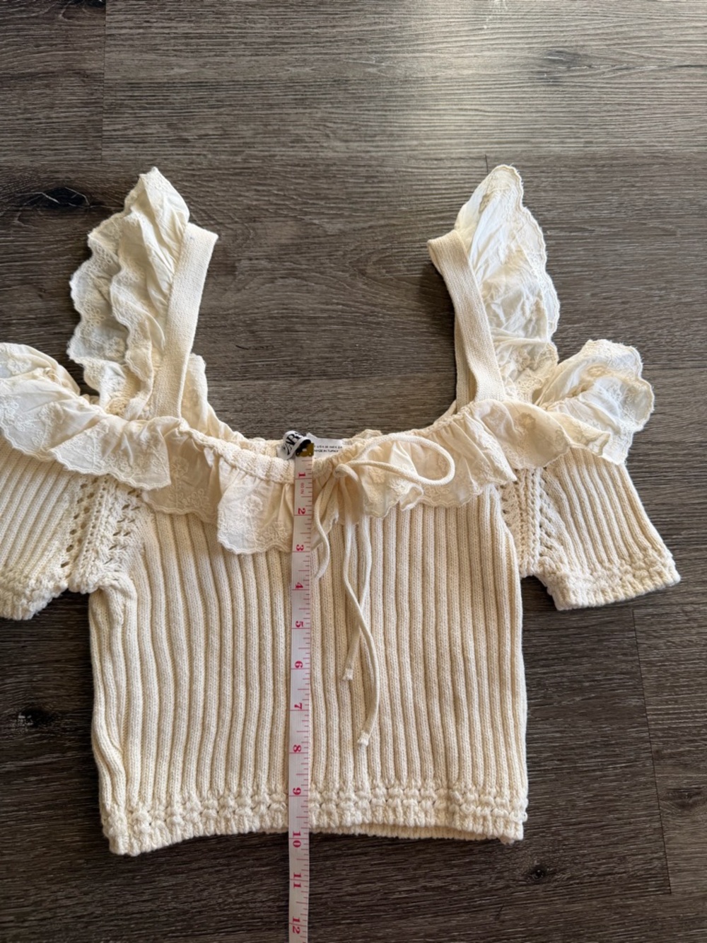 Zara Cream Ruffle Ribbed Crop Top - Picture 3 of 6